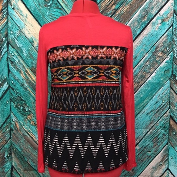Red Tribal Print Contrast Long Sleeve Tee - Picture 4 of 7